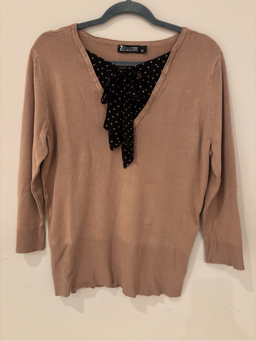 7th Avenue Taupe V-Neck Sweater with Black Polka Dot Neck Tie